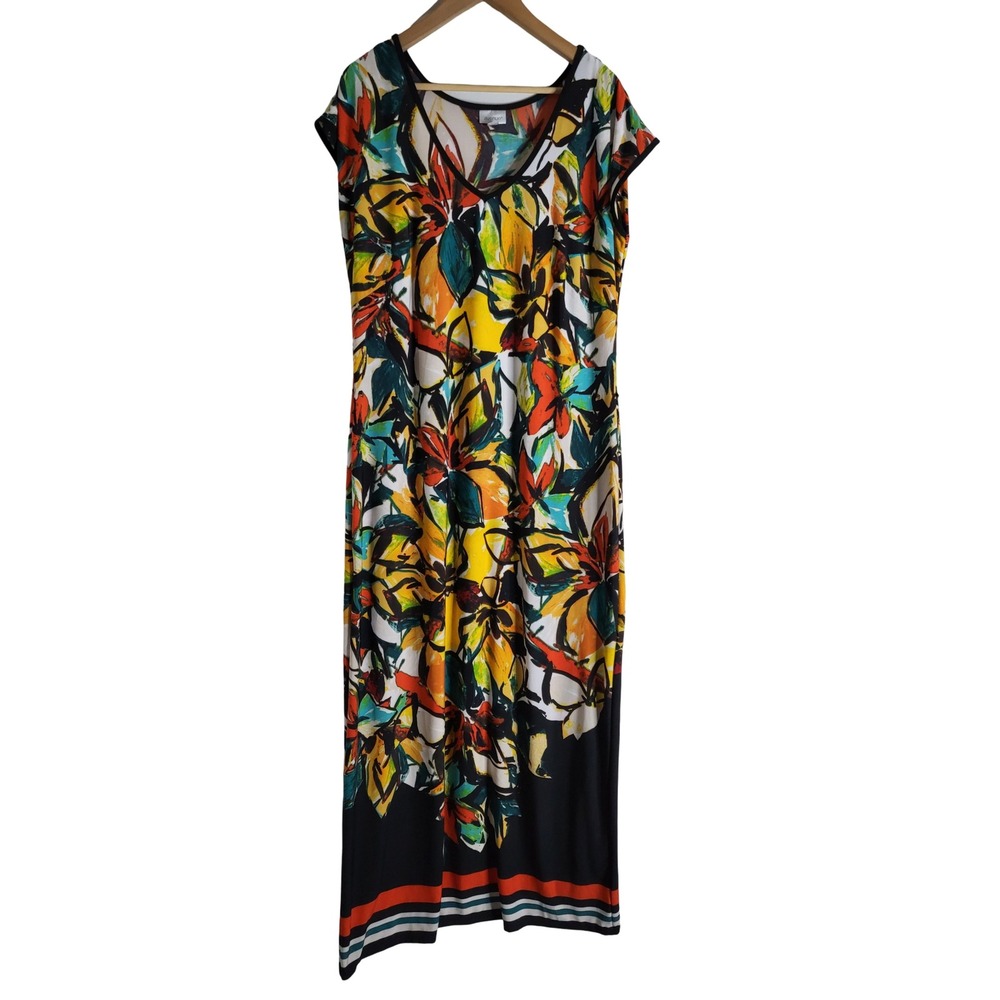 Avenue Bright Boho Floral Print V-Neck Maxi Dress Black Multi Size 14/16 Stretch